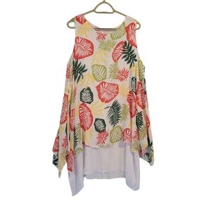 India Boutique Tropical Leaf Print Layered Tunic Top Resort Beachy Boho